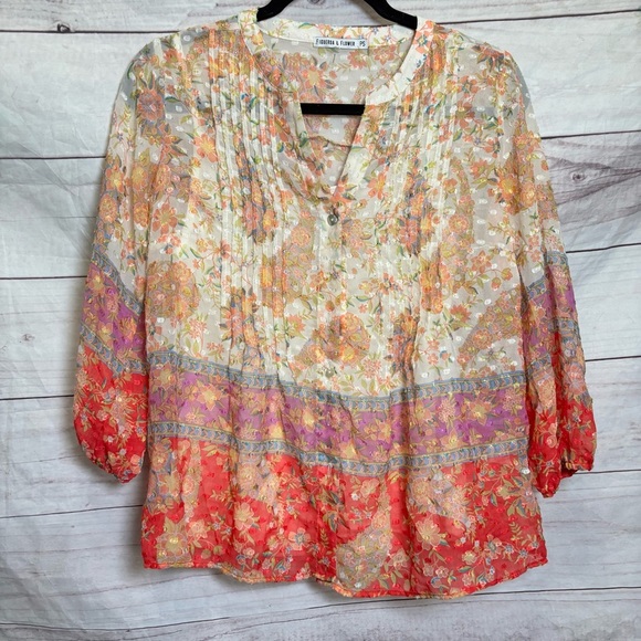fig and flower Tops - Fig and Flower Multicolor Floral Blouse Tunic Bohemian Small